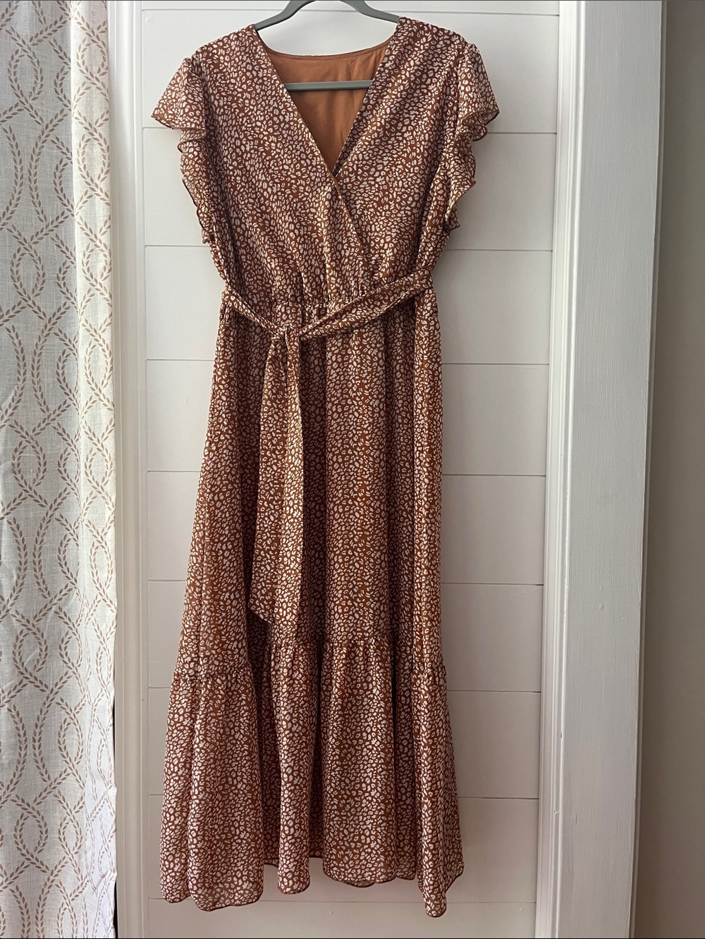 Amazon Brown Printed V-Neck Maxi Dress with Tie Waist and Flutter Sleeves